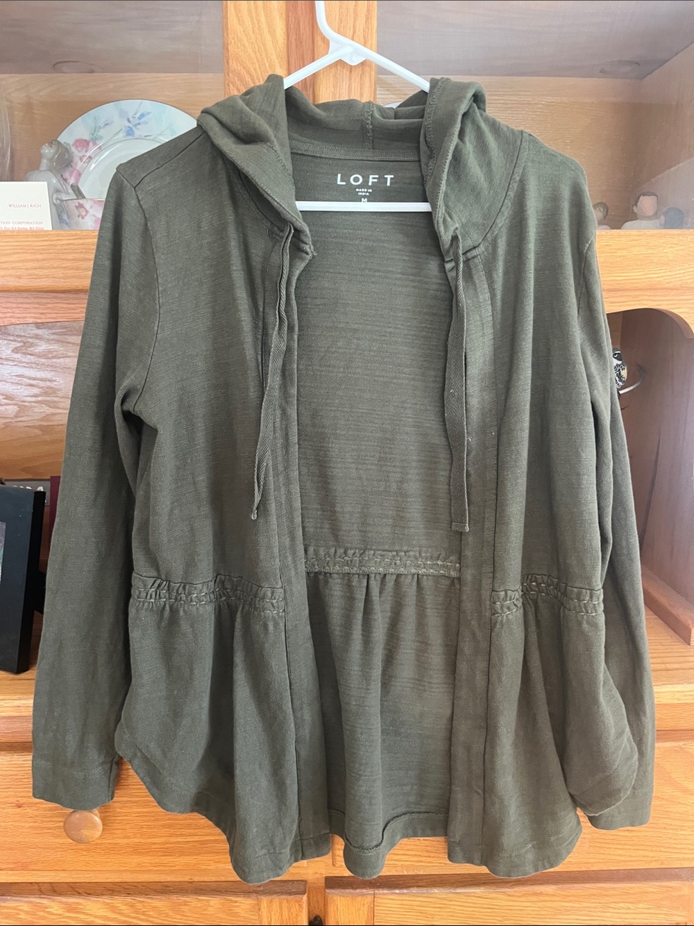 LOFT Olive Hooded Open-Front Drawstring Cardigan